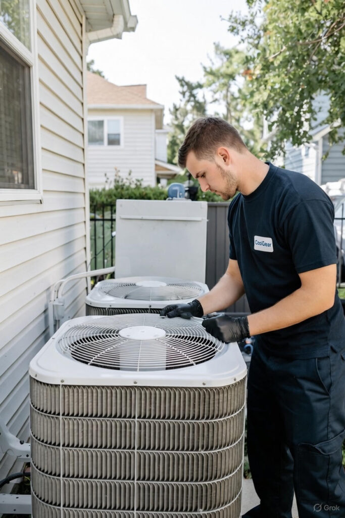 A Technician inspecting a heat pump for a Coolgear service.