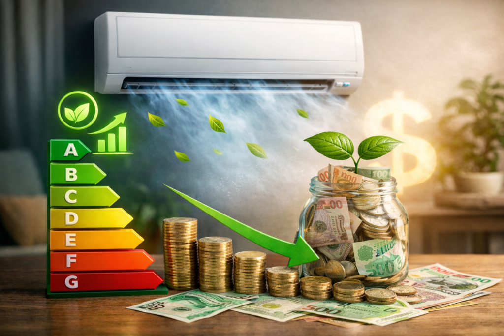 An illustration to show the money saving benefits and cost effectiveness of a Coolgear installed heat pump.