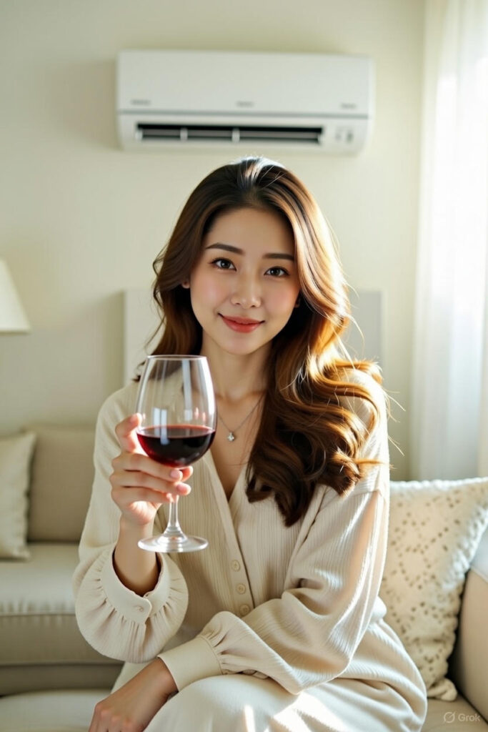 A Happy lady enjoying a glass of wine after a new installation by Coolgear Heatpumps.